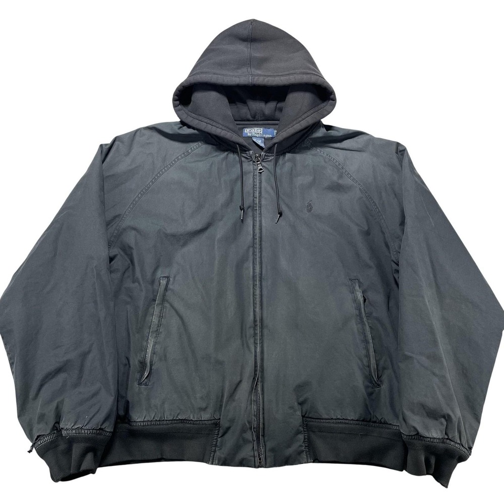 Polo Ralph Lauren Jacket Mens Medium Black Hooded Canvas Bomber Full Zip Pockets